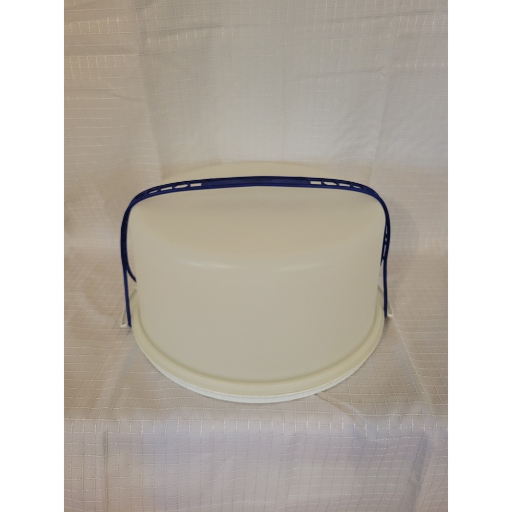 Vintage Tupperware Round Cake Taker Carrier Blue Handle White Speckled 12in